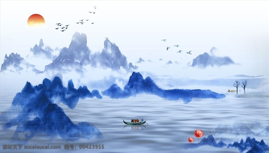 水墨山水 小船 大雁 背景墻圖片 太陽 水波紋 背景墻 電視背景墻 現(xiàn)代背景墻 中式背景墻 分層