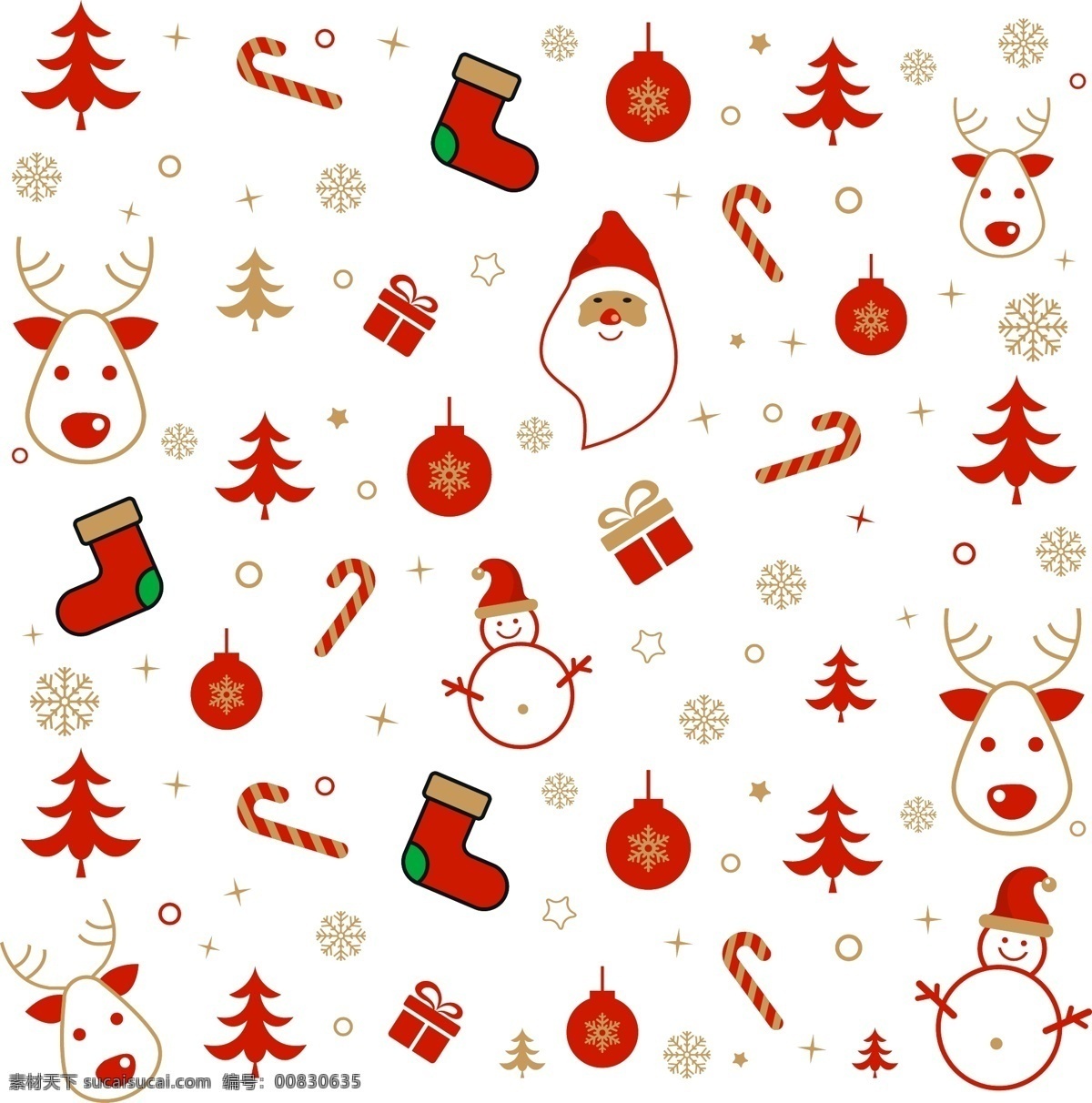 矢量 圣诞节 底纹 雪人 圣诞老人 麋鹿 圣诞袜子 圣诞树 金色雪花 礼物 底纹边框 其他素材