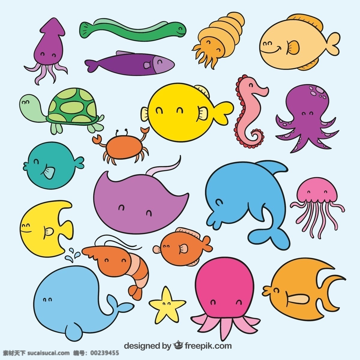 卡通 海洋生物 可愛 魷魚 鰻魚 章魚 矢量 高清圖片