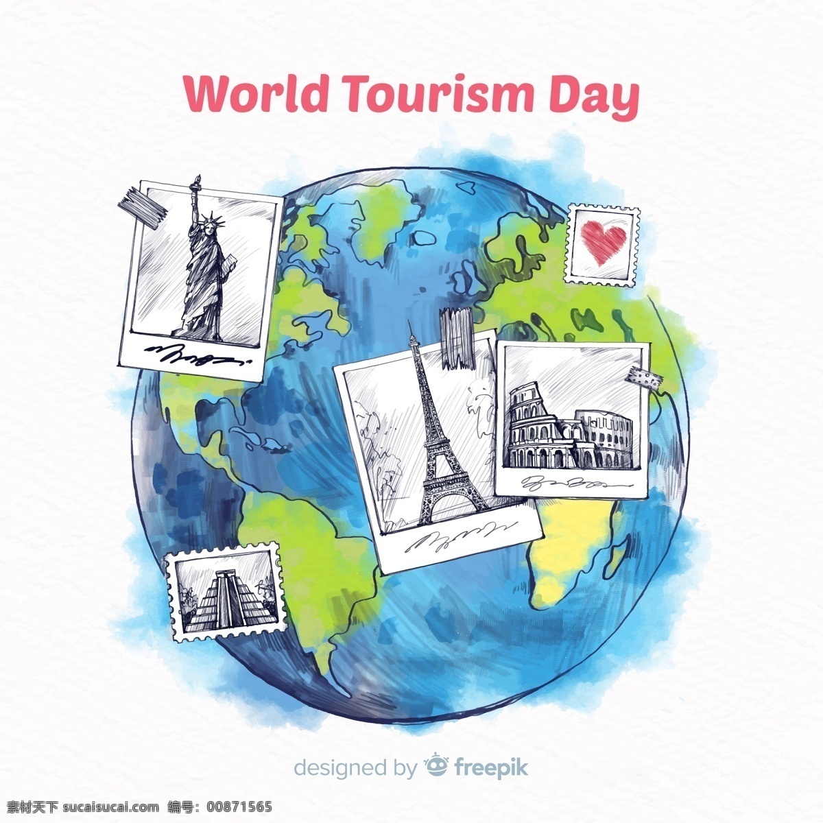 彩繪 世界 旅游 日 地球 照片 愛(ài)心 巴黎 法國(guó) 意大利 埃菲爾鐵塔 郵票 世界旅游日 古羅馬 斗獸場(chǎng) 紐約 自由女神像 瑪雅 庫(kù)庫(kù)爾坎 金字塔 文化藝術(shù) 節(jié)日慶祝