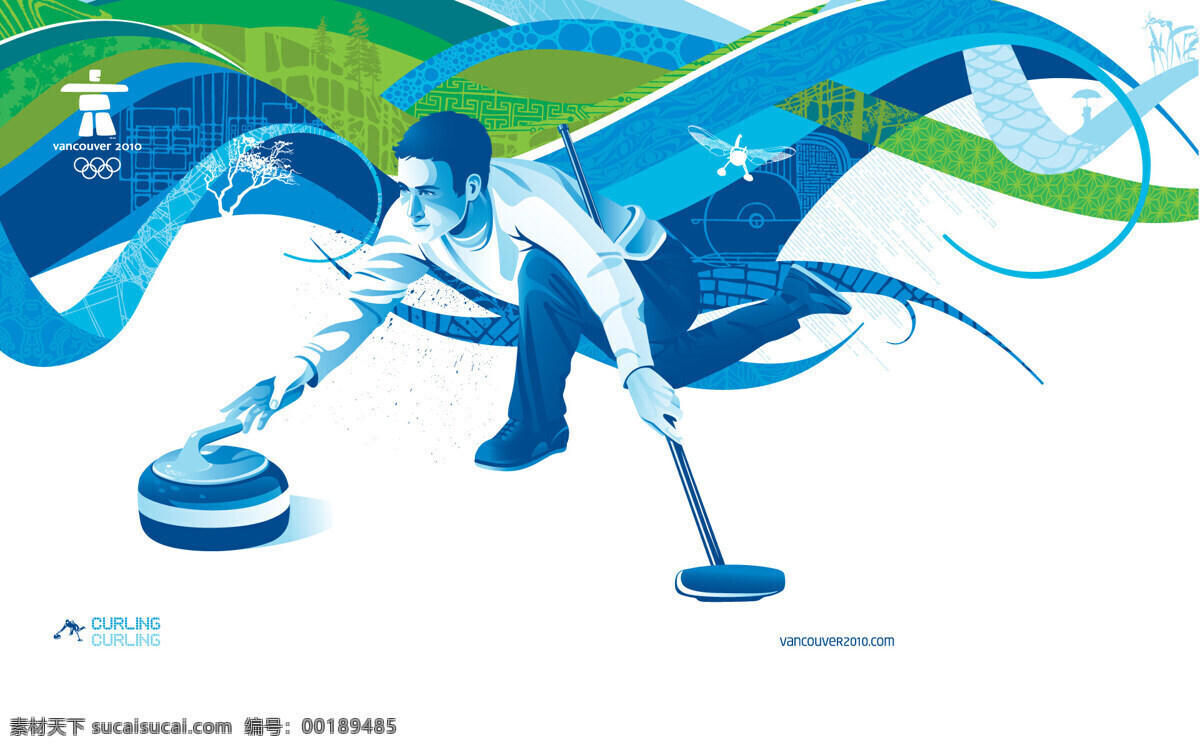 2010 温哥华 冬季 奥运会 剪影 冰球 手推 进攻 蓝色 冬天 激情 绿色 希望 体育运动 文化艺术