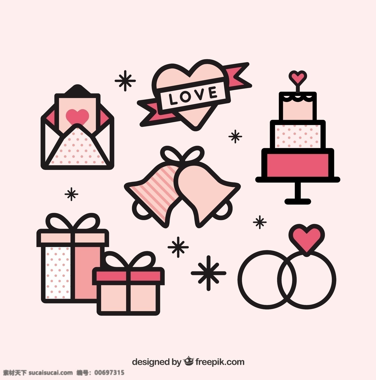線性 風(fēng)格 婚禮用品 矢量 線性風(fēng)格 矢量素材 信封 禮盒 風(fēng)鈴 三層蛋糕 對戒 紅心 婚禮元素 粉紅色元素 結(jié)婚素材