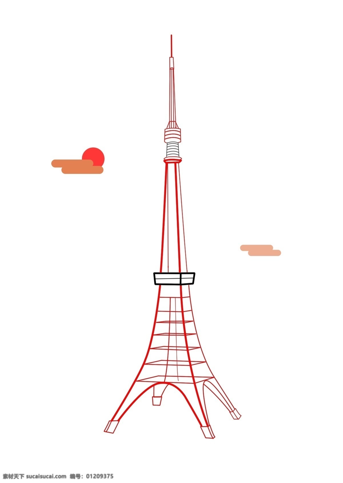 红色 东京 塔 插画 红色的东京塔 漂亮的东京塔 创意东京塔 东京塔装饰 东京塔插画 红色的太阳