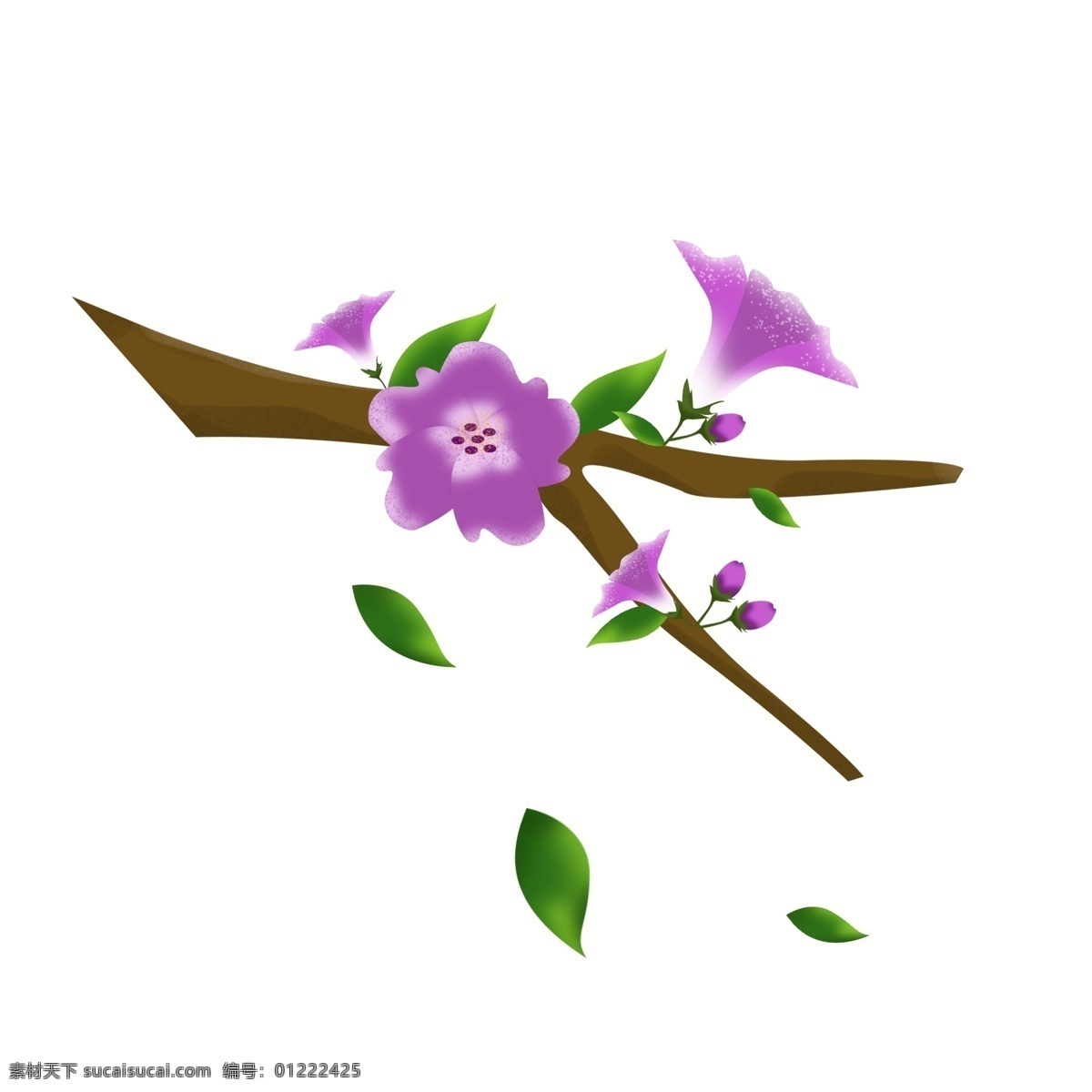 春天 元素 紫色 花朵 花枝 花卉 绿叶 手绘 简约 风 紫色花朵 春天元素 手绘风