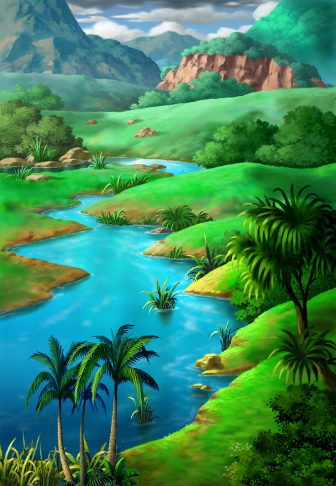 動(dòng)畫背景 小溪 動(dòng)畫 背景 溪水 溪 溪流 河 河水 河流 小河 樹 樹木 椰樹 大樹 綠樹 葉子 綠葉 樹葉 草 草地 水草 山 土 石頭 天 藍(lán)天 天空 云 白云 森林 forest 源文件