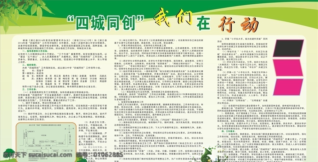四城同創(chuàng) 我們?cè)谛袆?dòng) 綠色底色 衛(wèi)生規(guī)劃圖 工作方案 展板模板