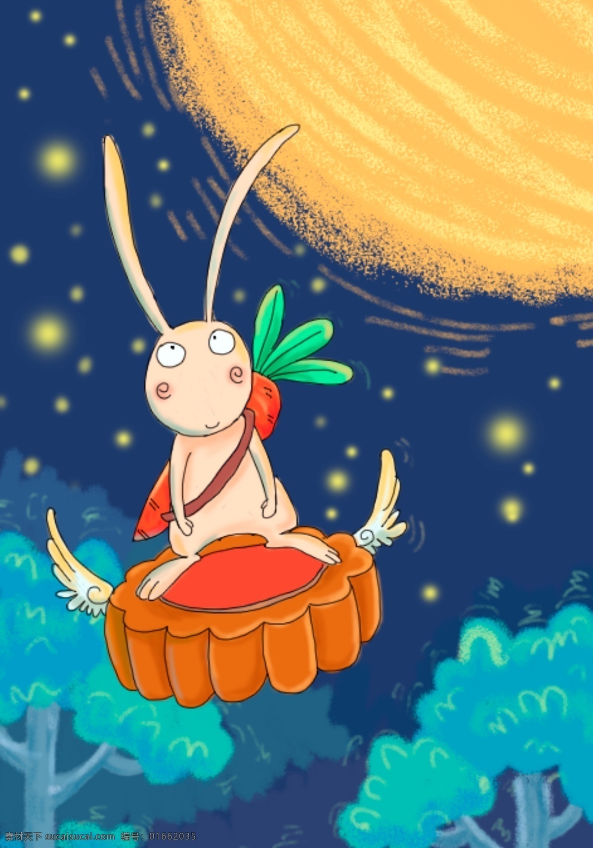 中秋 小 兔 月饼 赏月 卡通 插画 可爱 小兔 蜡笔风格