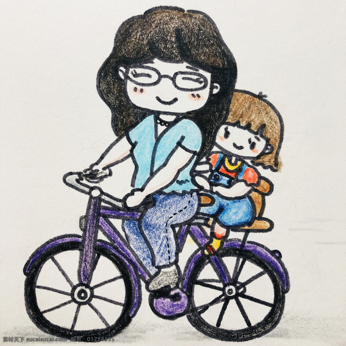 母亲节 手绘 妈妈 后座 上面 长大 卡通 插画 母亲 母爱 自行车 接送上下学 动漫动画