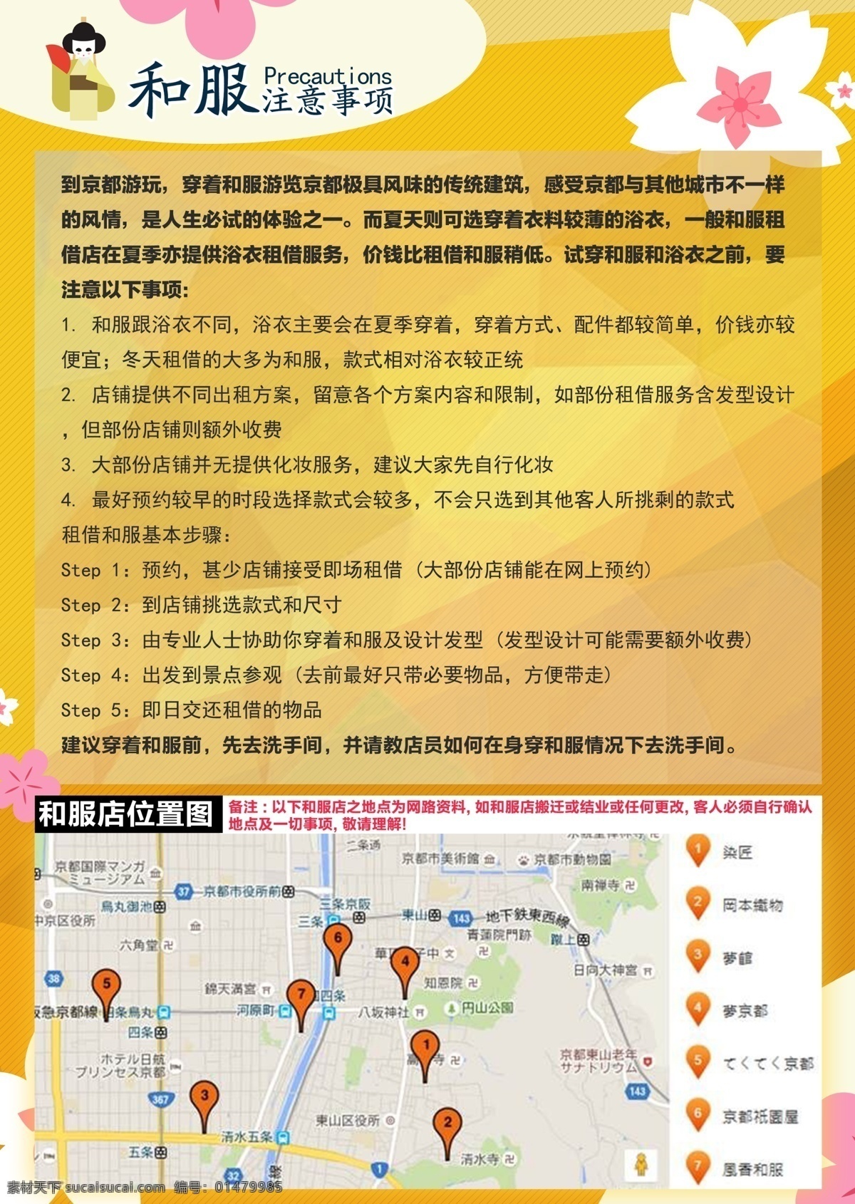 和服注意事項(xiàng) 日本 旅游 宣傳 彩圖 表格 黃色