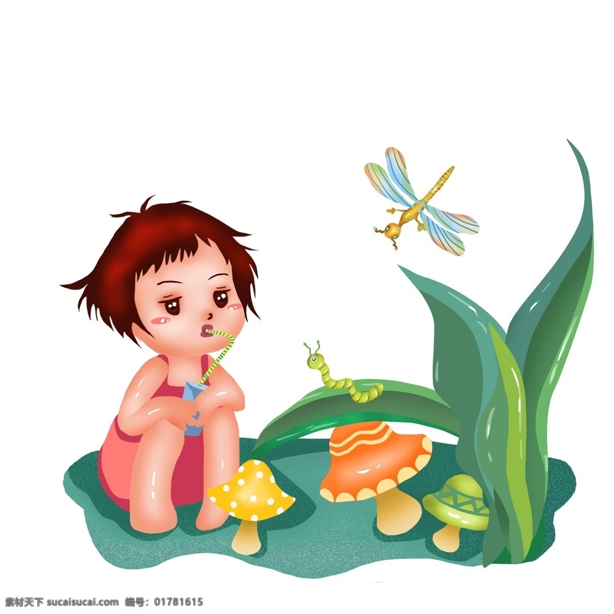 商用 高清 手繪 立夏 草叢 納涼 場(chǎng)景 可商用 蘑菇 蜻蜓 植物 女孩 卡通