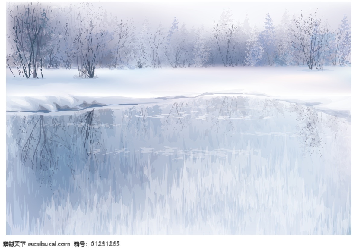 冬季 森林 風(fēng)景 插畫 冬天 湖面 樹林 大雪 下雪 水面