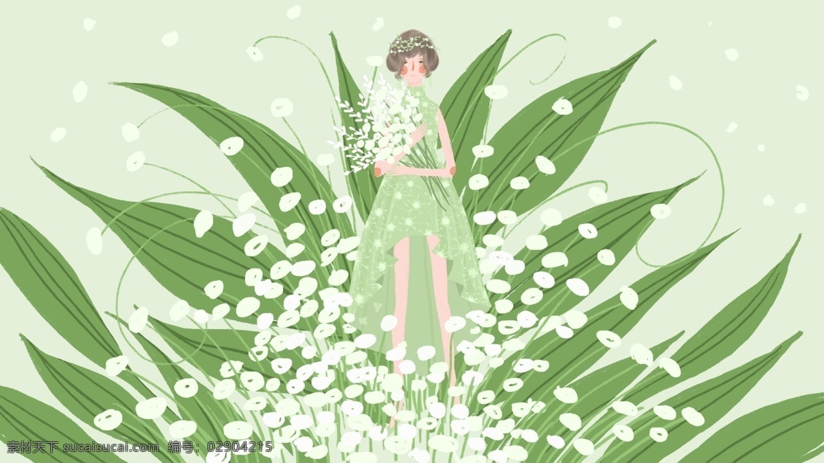绿叶 白色 碎花 绿色 长裙 清新 少女 卡通 背景 绿色长裙