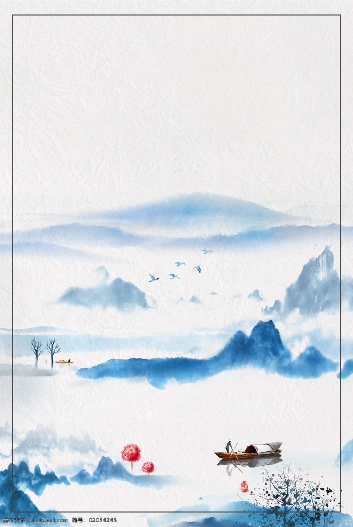 大氣 山水 漁船 遠山 中 國風 背景 水墨風 復古 中國風 古風 山巒 大雁 邊框