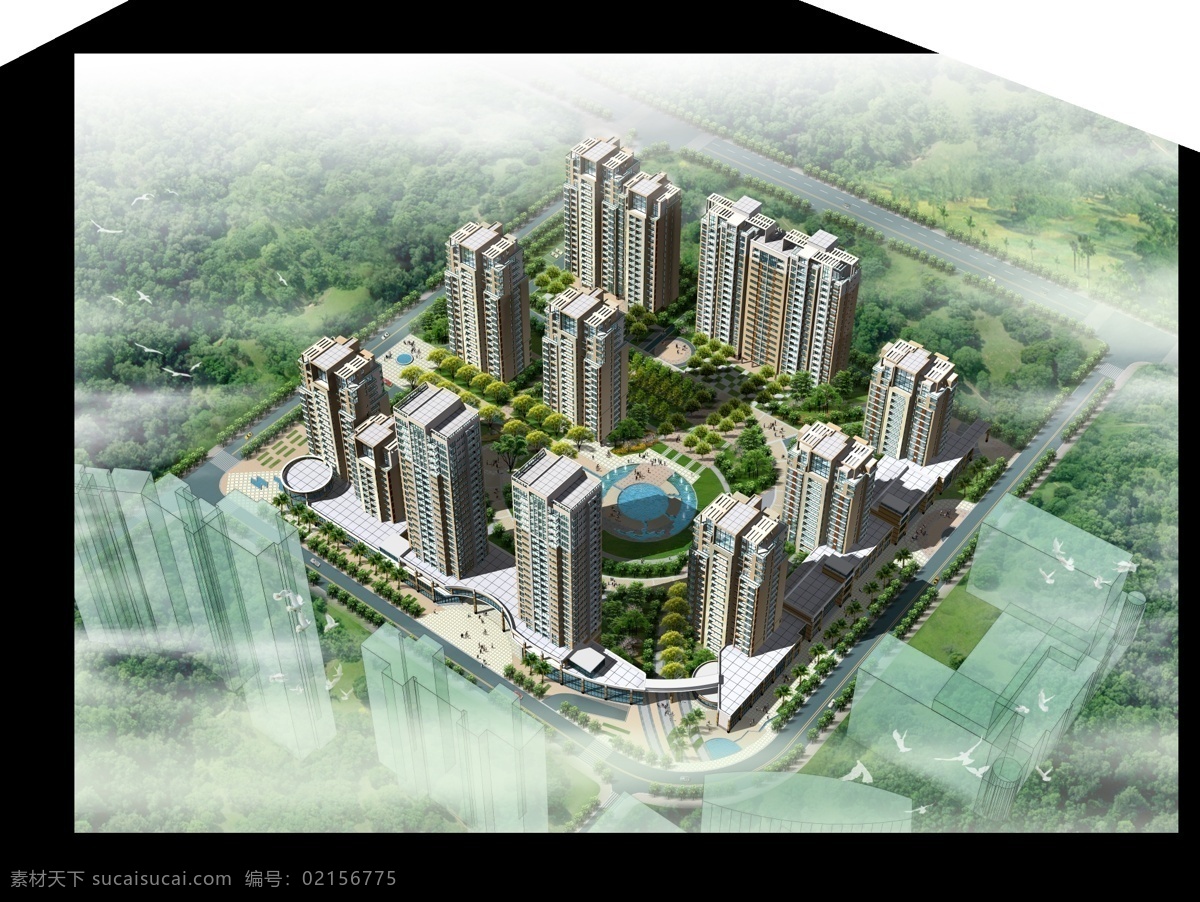 園林設(shè)計 園林 鳥瞰圖 效果圖 城市 ps分層素材 分層 源文件 黑色
