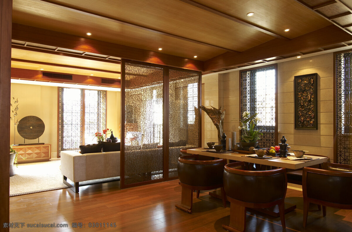 中式 典雅 格调 客厅 深褐色 沙发 室内装修 效果图 客厅装修 木地板 深色椅子 木制天花板