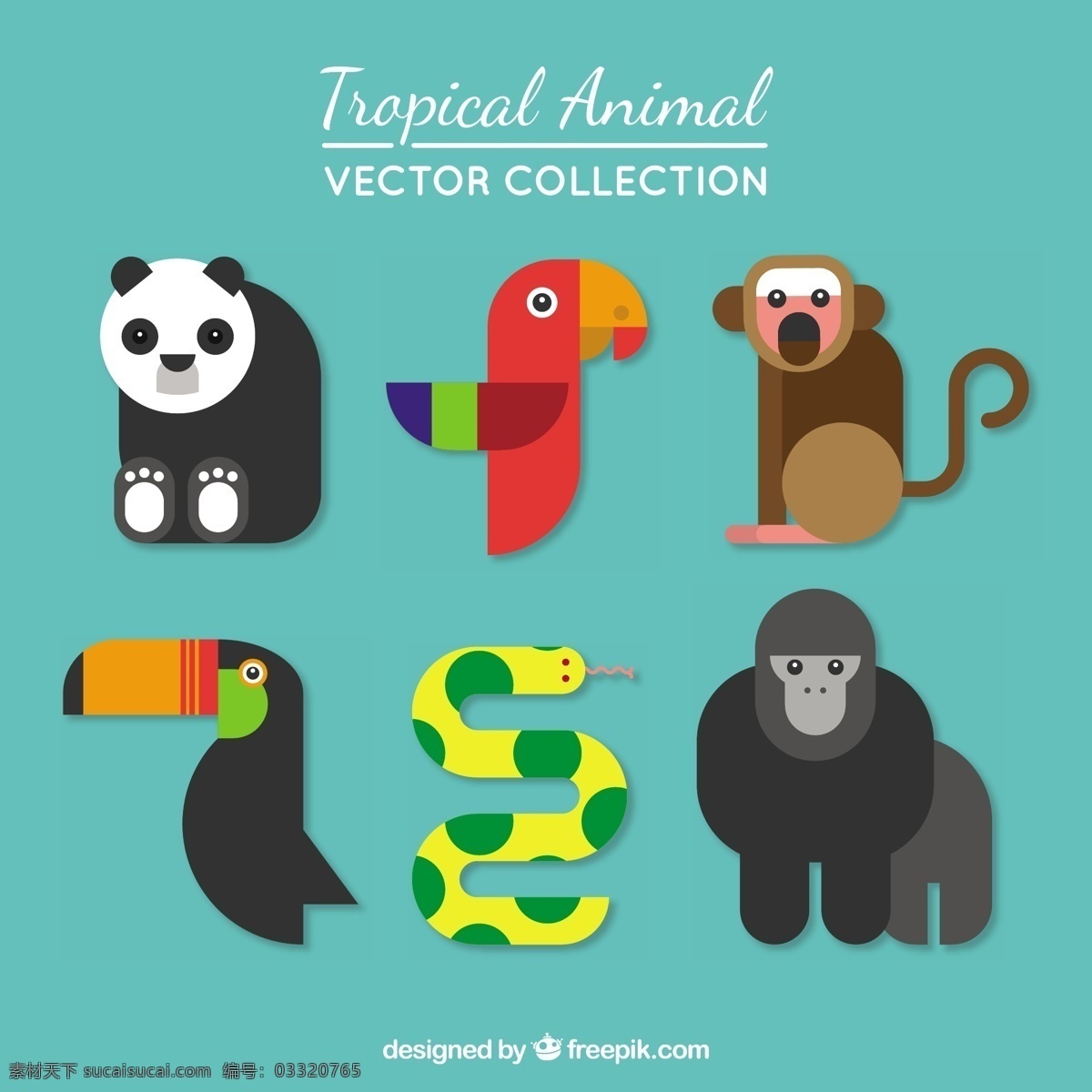 热带 动物 收藏 现代 风格 鸟 自然 猴子 可爱 鸟类 平面设计 蛇 熊猫 鹦鹉 大猩猩 可爱的动物 野生动物 青色 天蓝色