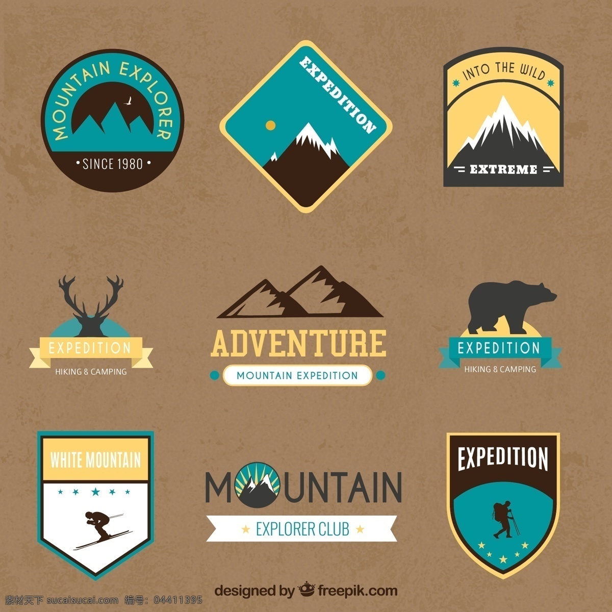 创意 山地 探险 标签 矢量图 鹿 徒步旅行 雪山 山 登山 野营 熊 滑雪 人物