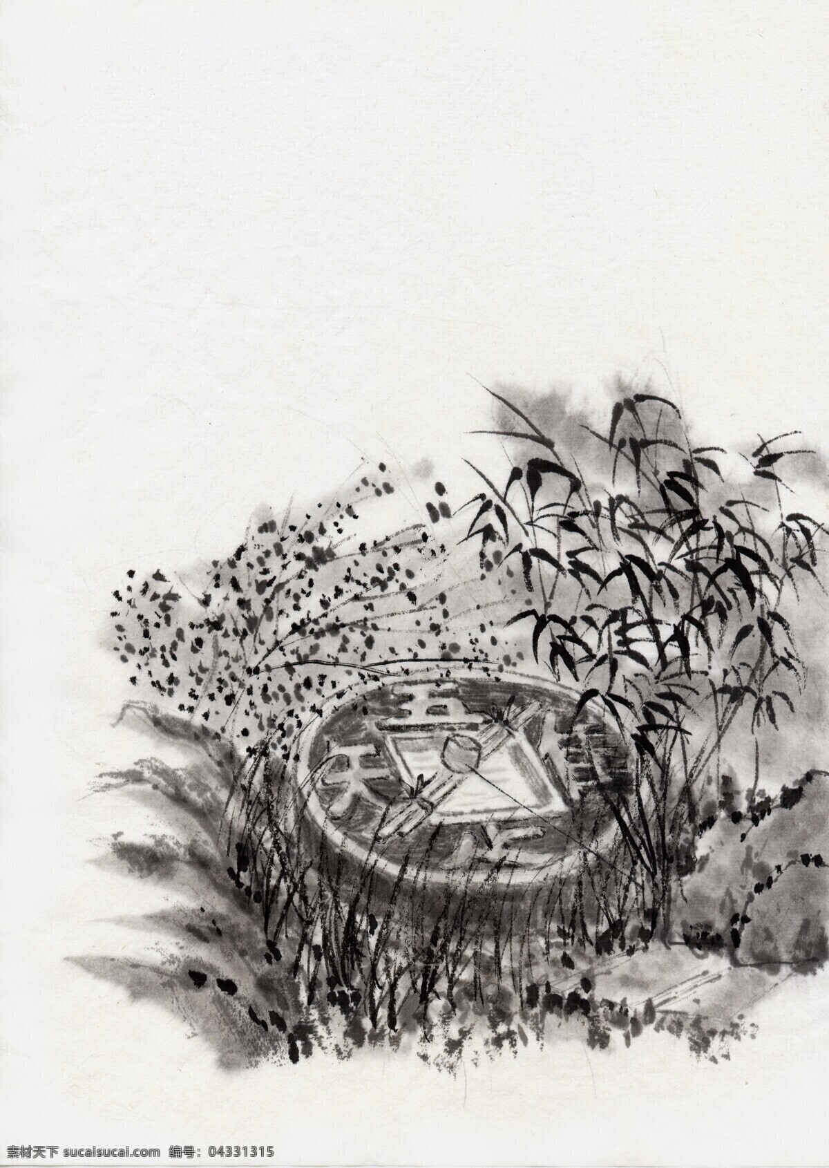 水墨 風景 水缸 丹青 國畫 水墨丹青 豎構圖 水墨畫 水墨風景 意境 草叢 樹林 竹林 花草 樹木 蓋子 缸 水舀子 小徑 五矢佳止 書畫文字 文化藝術