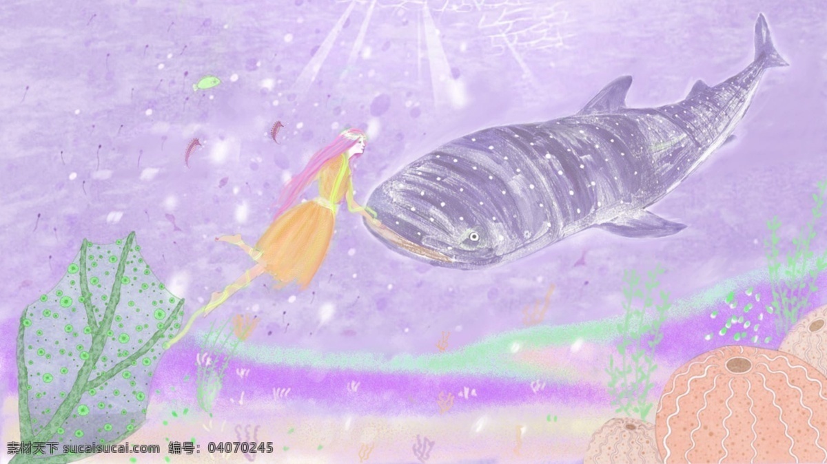 梦幻 少女 鲸鱼 海底 世界 漫游 壁纸 海底世界 水彩