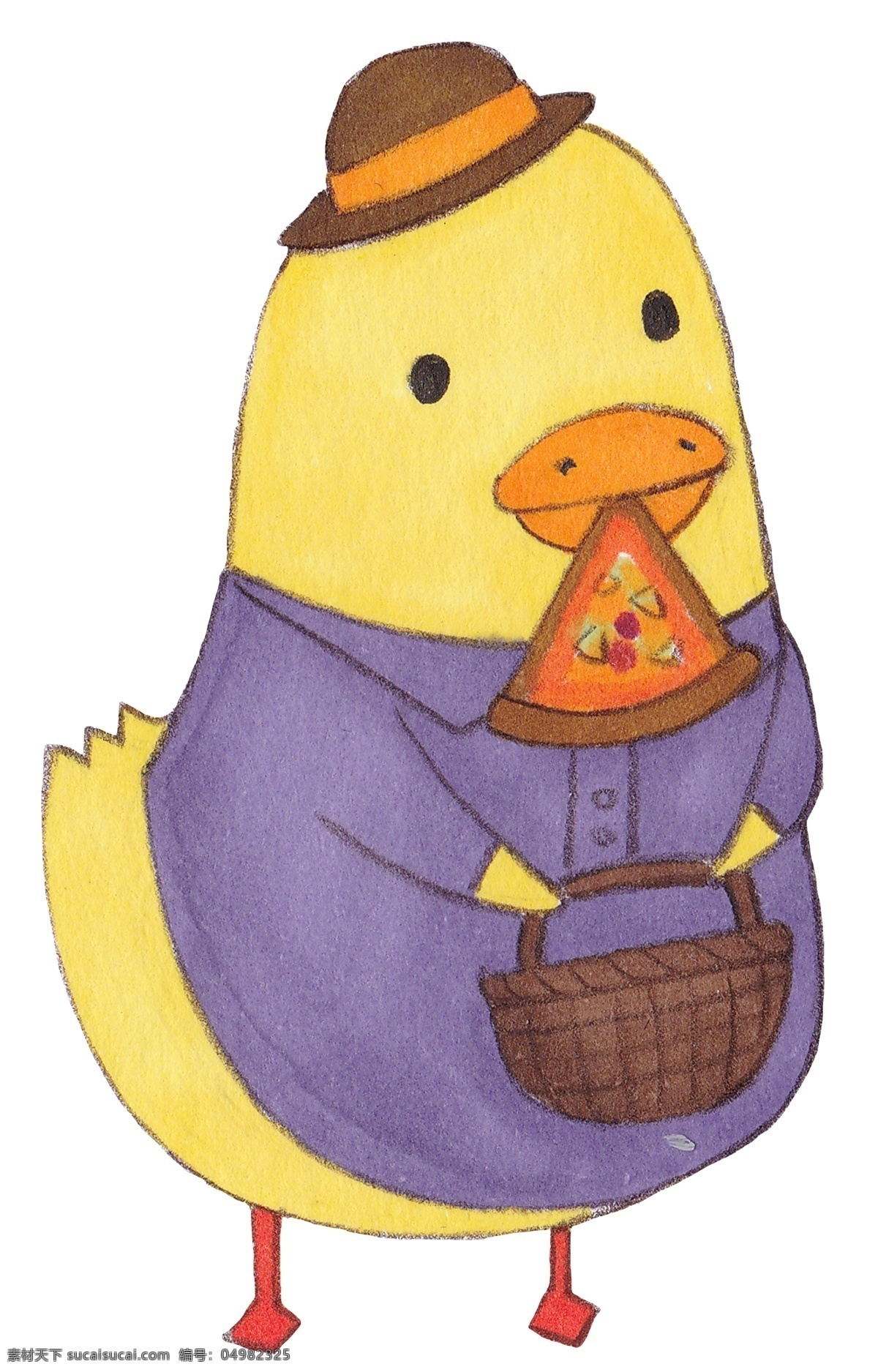 手绘 动物 小小 黄 鸡 插画 手绘水彩动物 动物小黄鸡 提 篮子 小黄 嘴里 叼 披萨 水彩小黄鸡 卡通