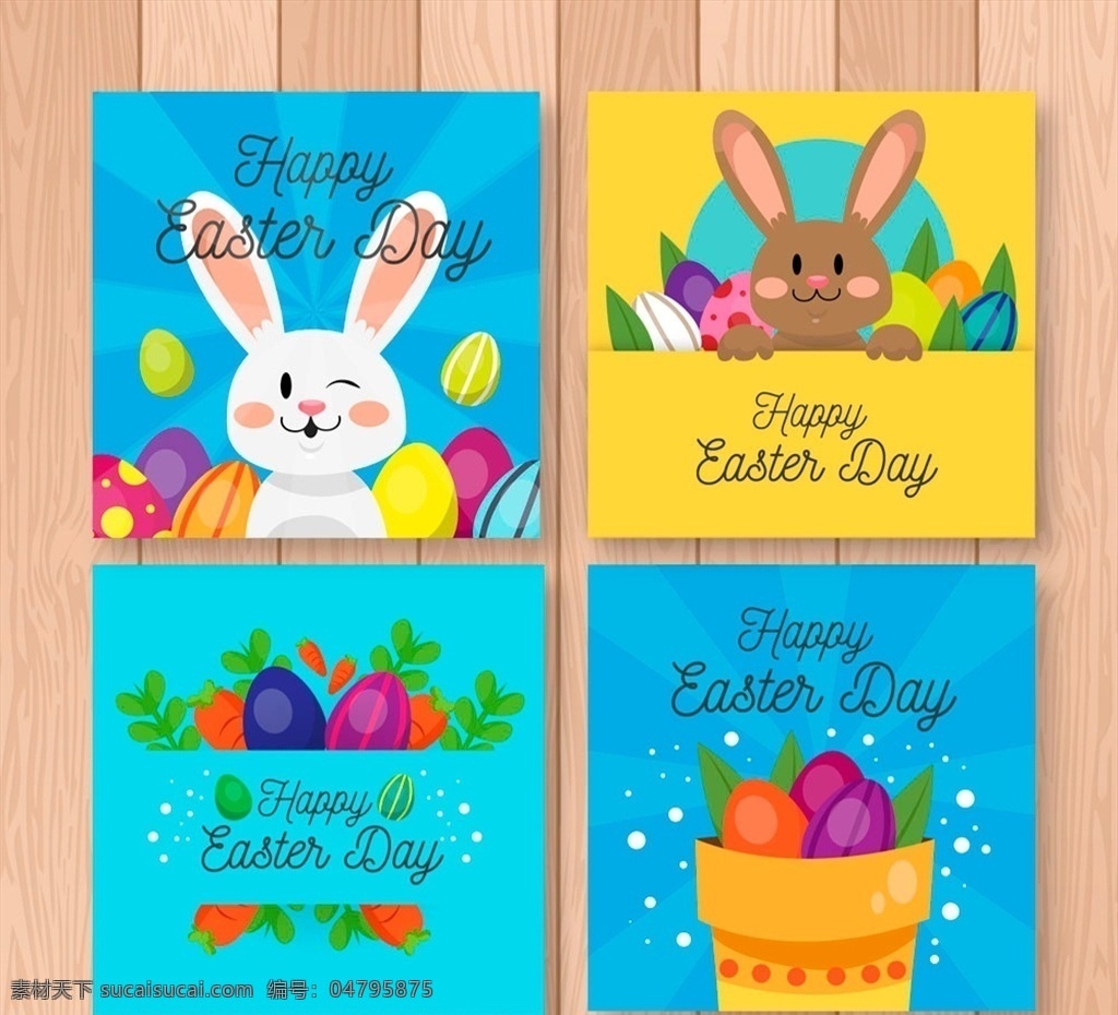 可爱 复活节 卡片 木板 兔子 彩蛋 花纹 花卉 矢量 高清图片