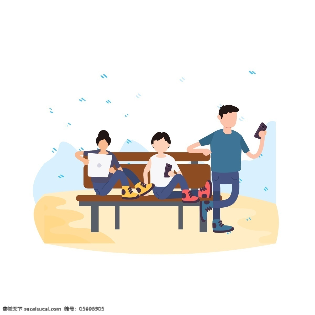 卡 通風(fēng) 夏季 一家 三口 長(zhǎng)椅 上 休息 椅子 父親 母親 孩子 溫馨