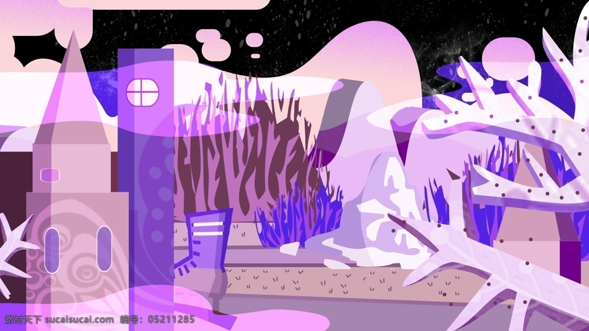 幻想 世界 白日梦 系列 粉 紫色 梦幻 场景 插画 粉紫色 少女