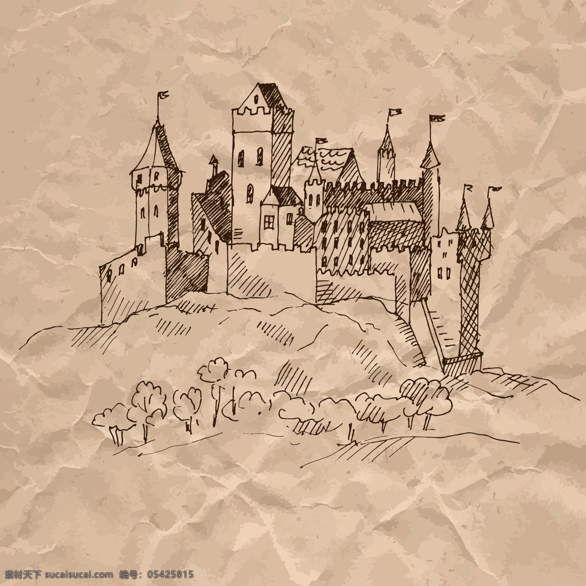 手绘 复古 城堡 插画 牛皮纸 建筑 艺术 速写