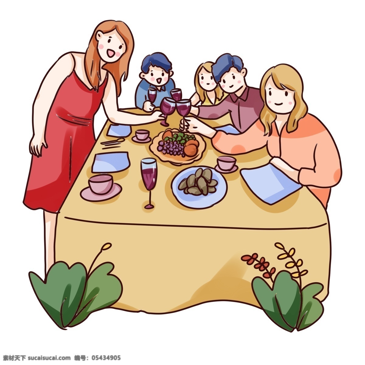 手绘 卡通 2019 新年 团聚 手绘卡通 2019新年 装饰图案 过年 元旦 红色 感恩父母 家人 聚餐 吃饭 亲人 朋友聚会