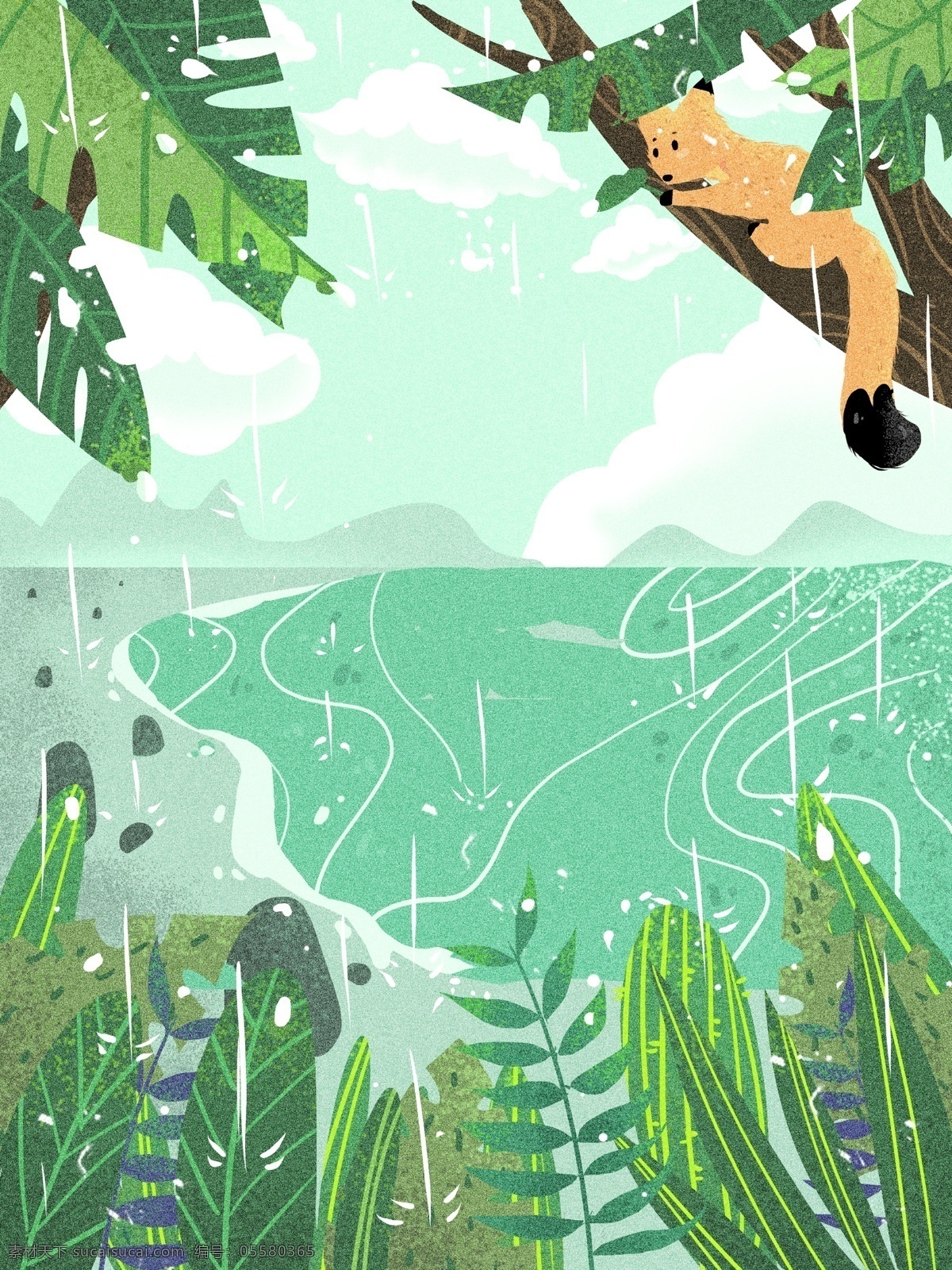 小雨 节气 风景 插画 背景 植物背景 唯美 草地背景 绿地背景 蓝天白云 叶子 河边 山水风景 下雨