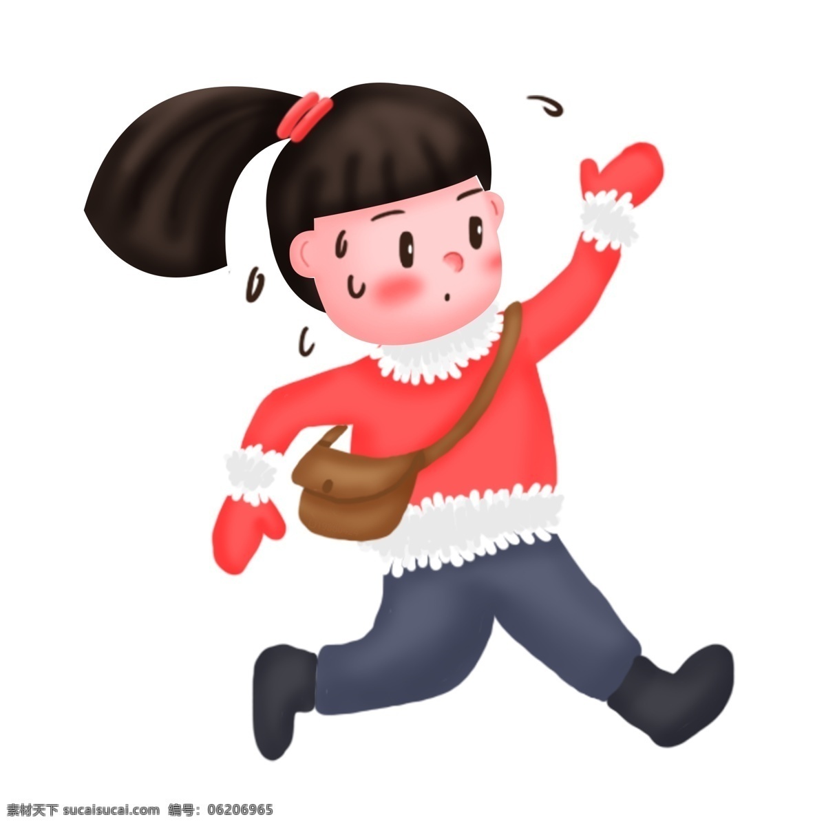 冬天 冬季 女孩 冬裝 奔跑 出汗 手繪 插畫(huà) 棉衣 棉服 包 穿搭 棉褲 馬尾辮 可愛(ài) 流汗