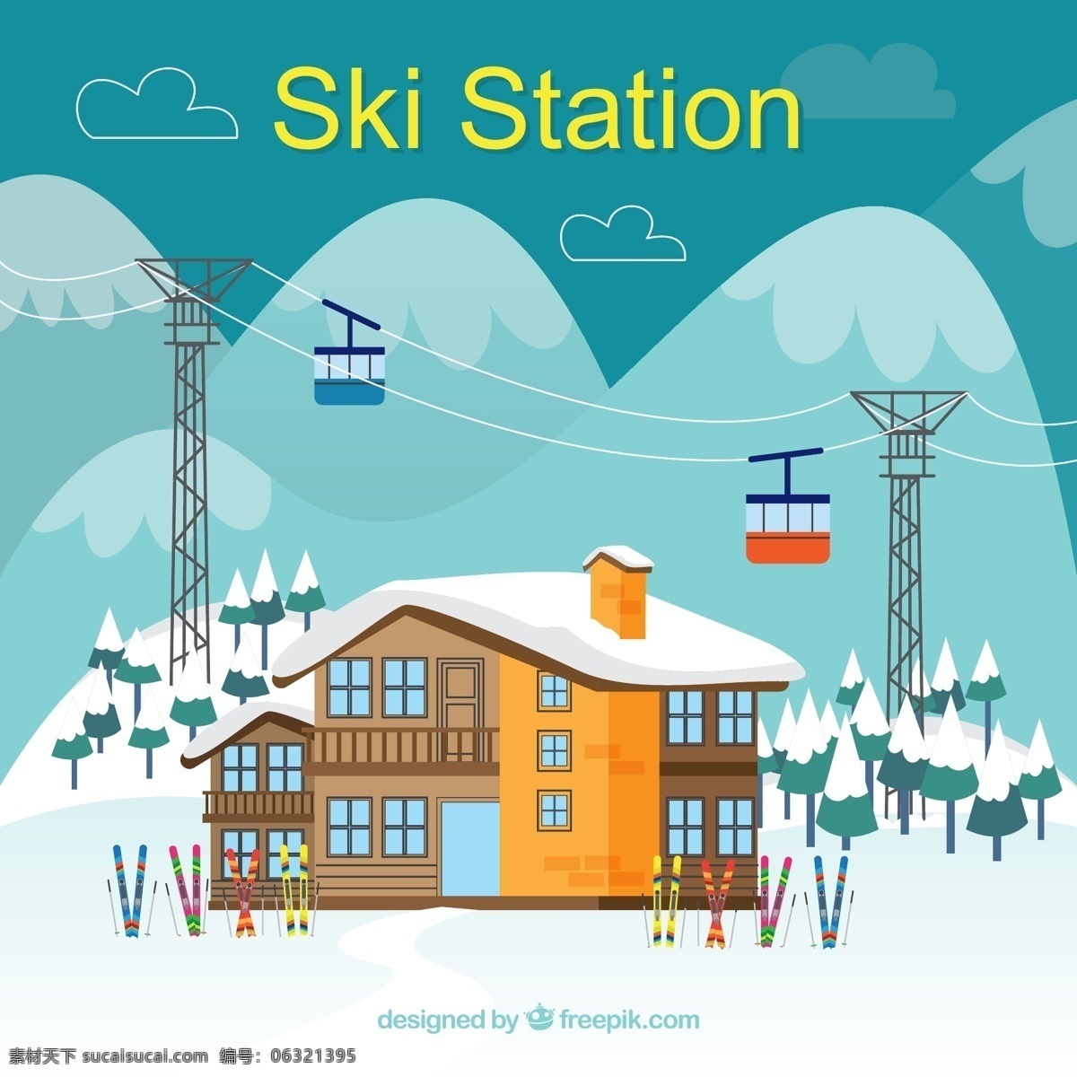 冬季 滑雪场 云朵 滑雪板 树木 森林 滑雪缆车 度假
