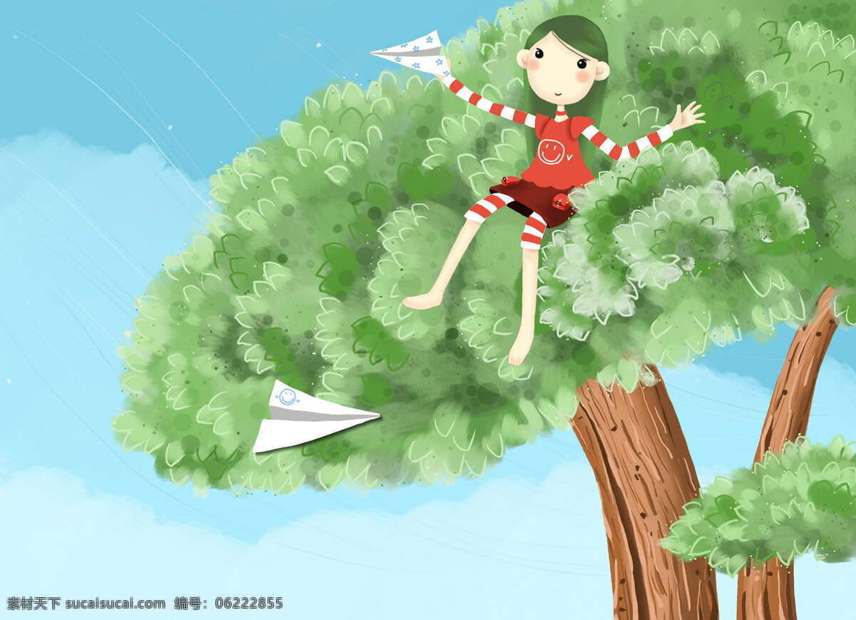 大 樹 上 妹妹 晴朗天空 紙飛機 大樹 卡通 动漫 可爱