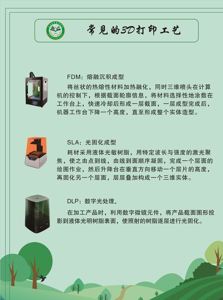常見 3d 打印 工藝 常見的3d 打印工藝 農(nóng)業(yè)職業(yè)學(xué)院 職業(yè) 學(xué)院 logo fdm sla dlp 綠色背景 小清新背景 唯美背景 樹林 cdr廣告
