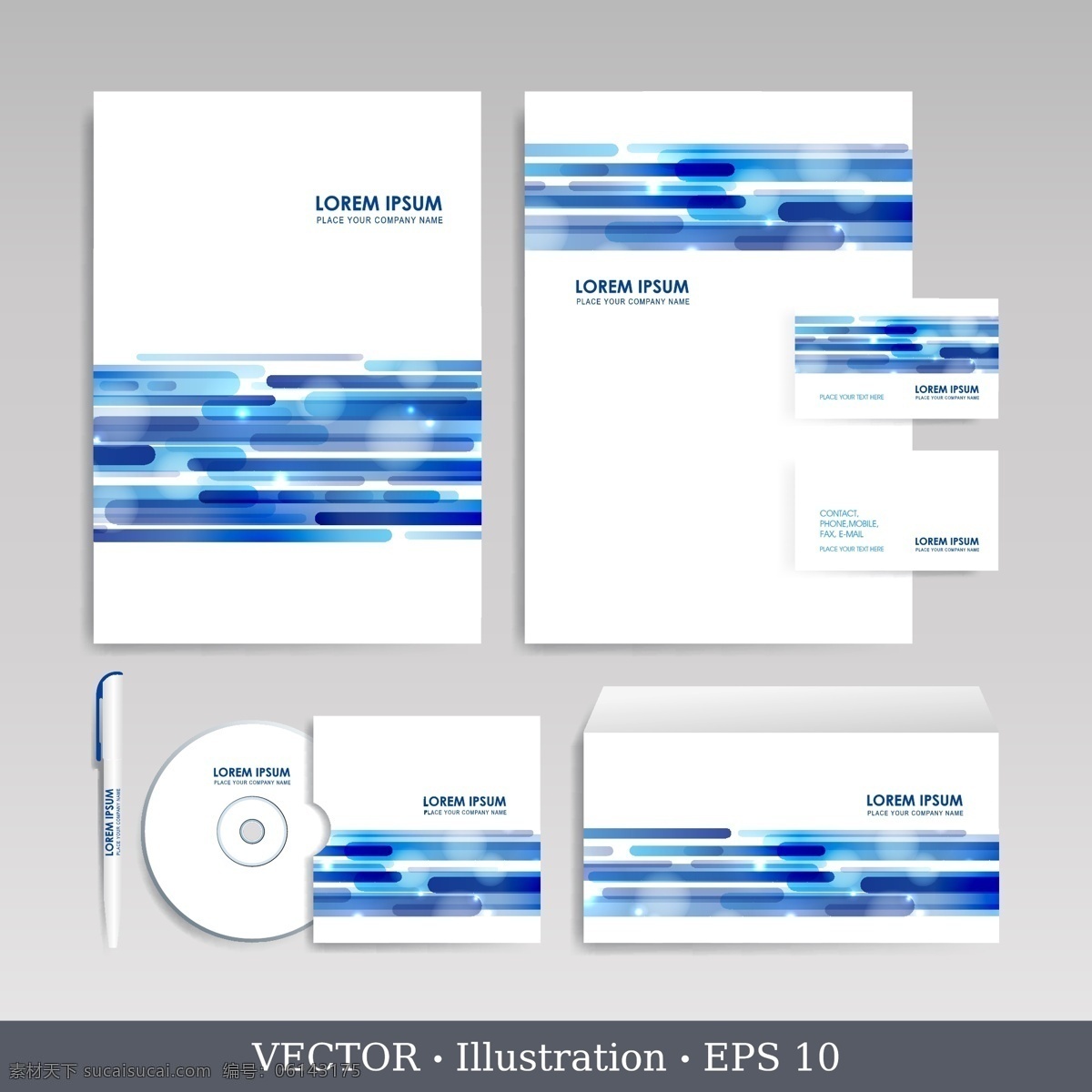 蓝色 光斑 条形 图形 vi 创意vi设计 vis 视觉 识别 系统 名片模板 笔 钢笔 信笺纸 cd盒 光盘包装 信封模板 vi设计 名片卡片 矢量素材 白色
