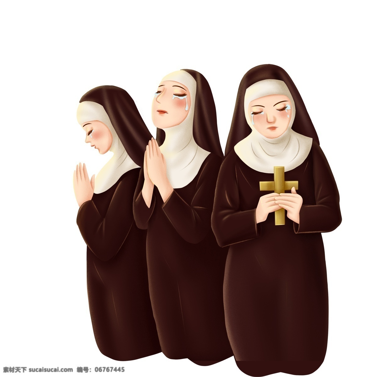 手绘 祈祷 哭泣 修女 插画 女孩 人物 圣母