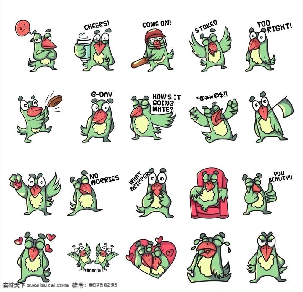 可爱 手绘 卡通漫画 鹦鹉 表情 包 卡通 漫画 创意 鸟类 鸟 表情包 卡通形象 吉祥物 插画 插图 图案 印花 动漫动画