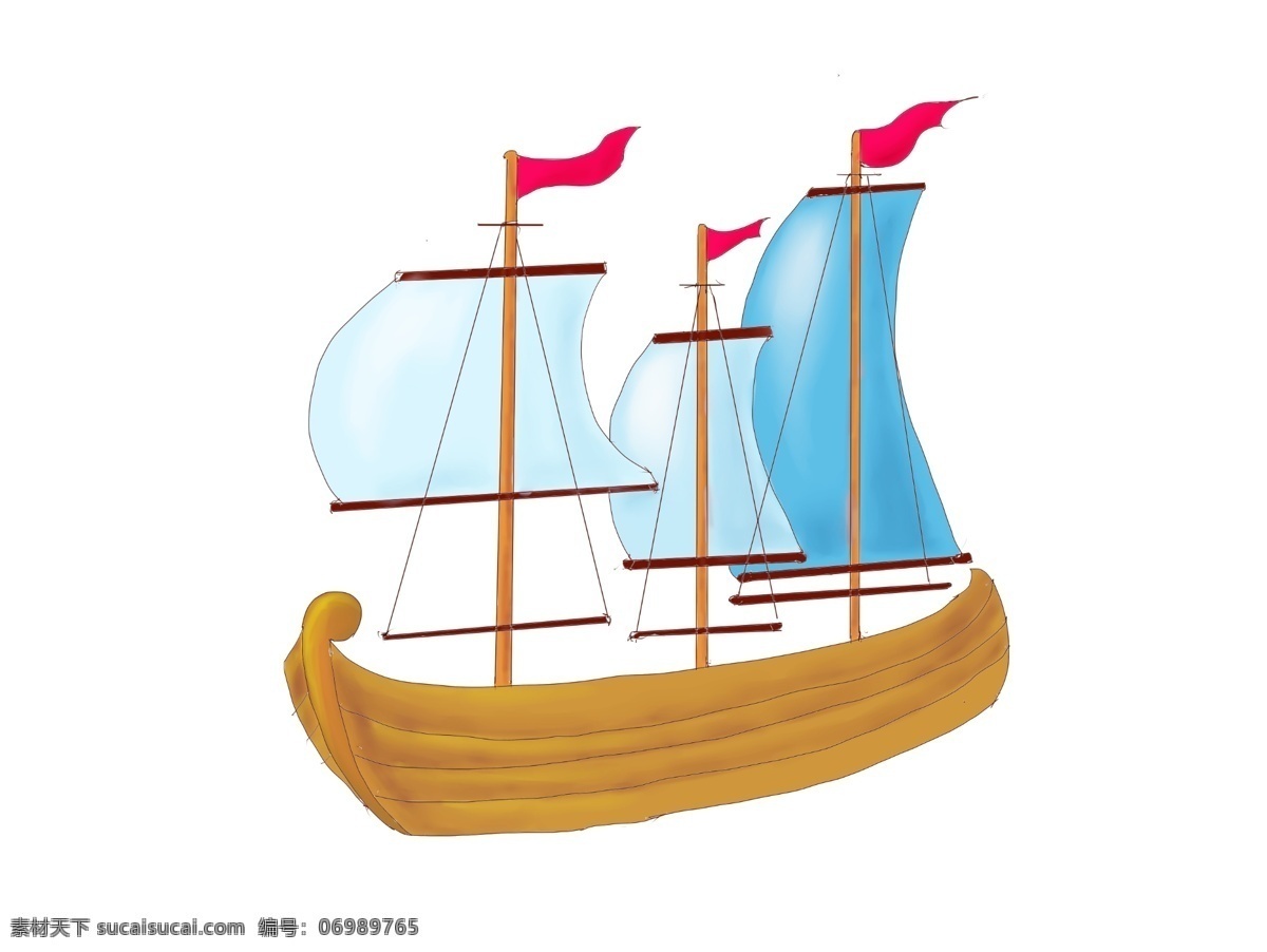 黄色 帆船 手绘 插画 黄色的帆船 红色的红旗 手绘帆船 漂亮的帆船 交通工具 帆船运输 帆船插画