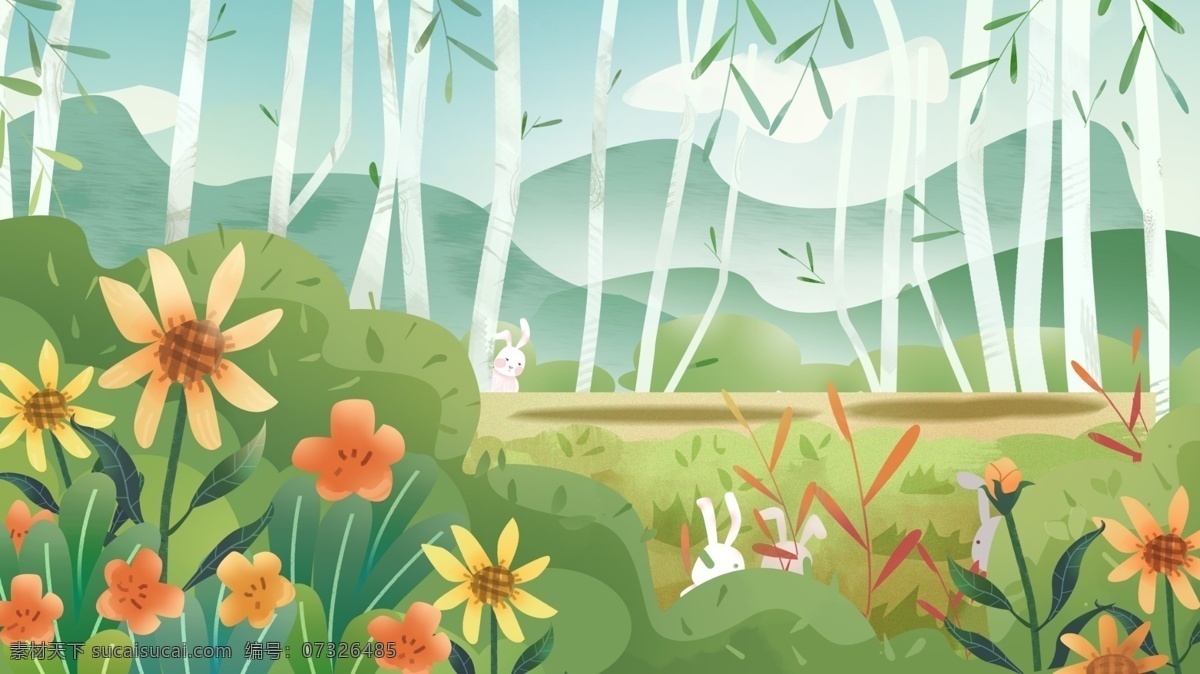 草地 花草 天空 背景 植物 花朵 卡通 彩色 创意 装饰 设计背景 海报背景 简约 图案
