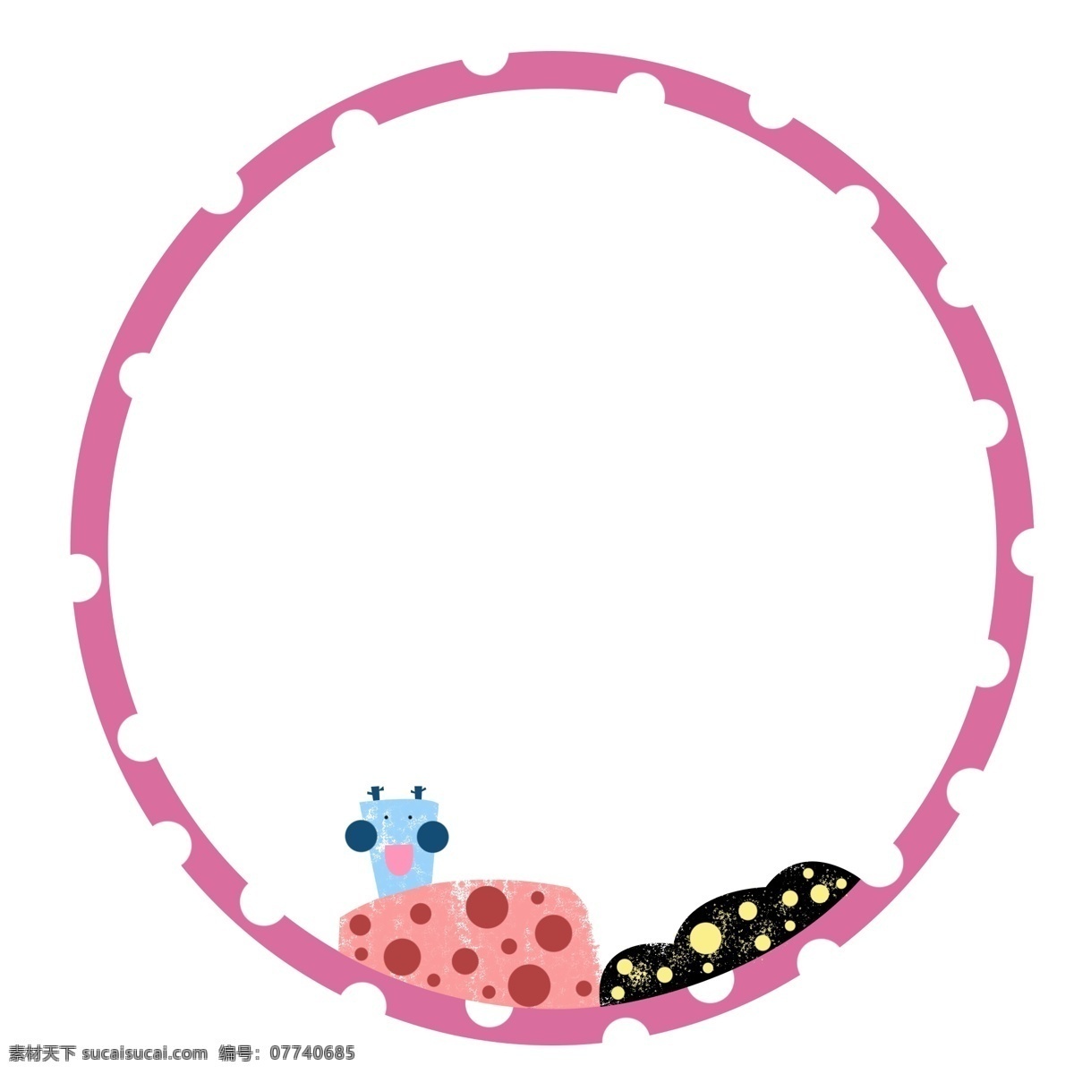圆形 粉色 边框 插图 粉色蜗牛 漂亮的蜗牛 蜗牛边框 圆形边框 白色圆点 精美的边框 可爱的边框 装饰边框