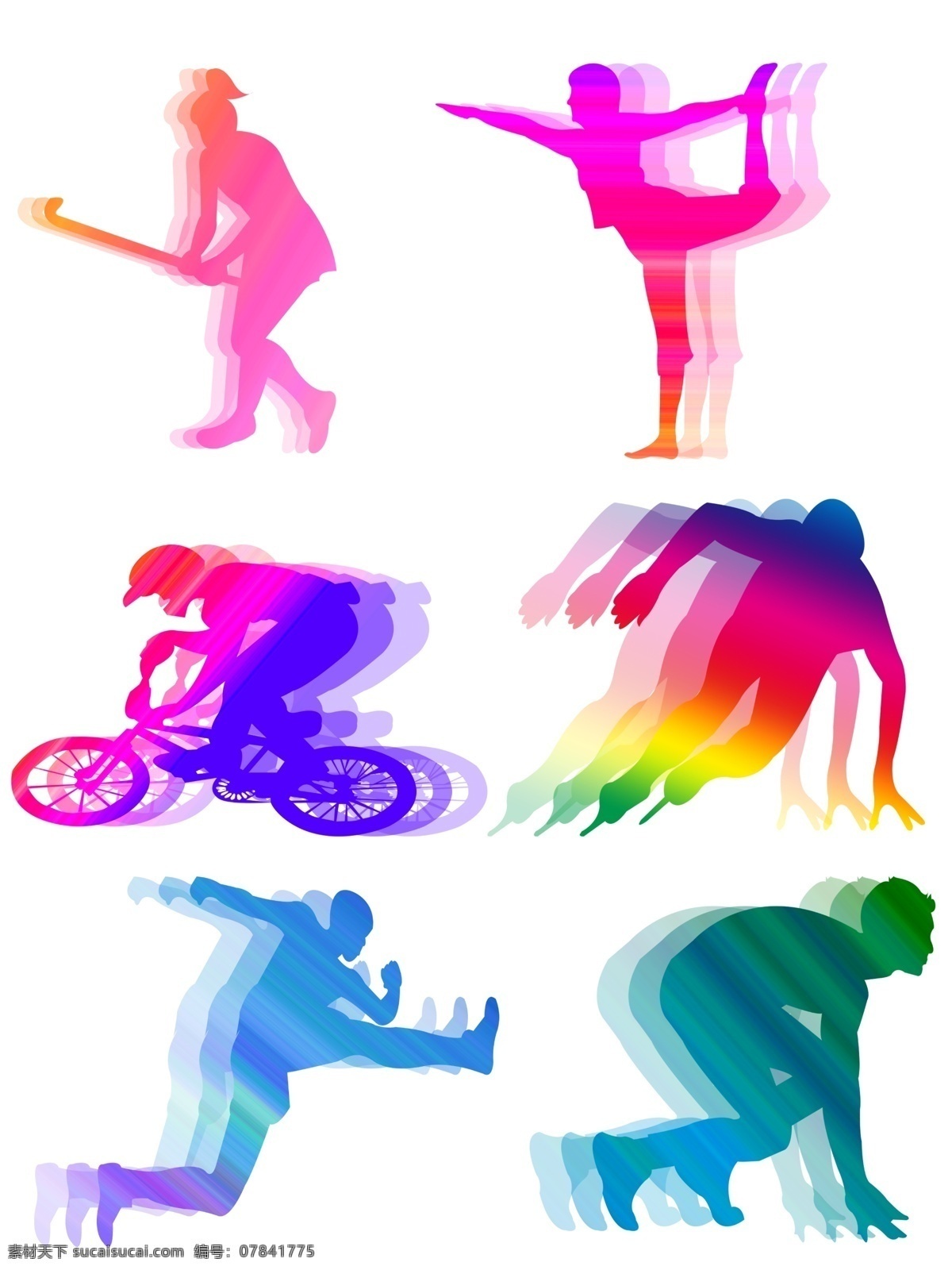 彩色 重影 系列 运动 套 图 曲棍球 体操 滑冰 跨栏 跑步 现代 科幻 剪影 渐变 装饰图案