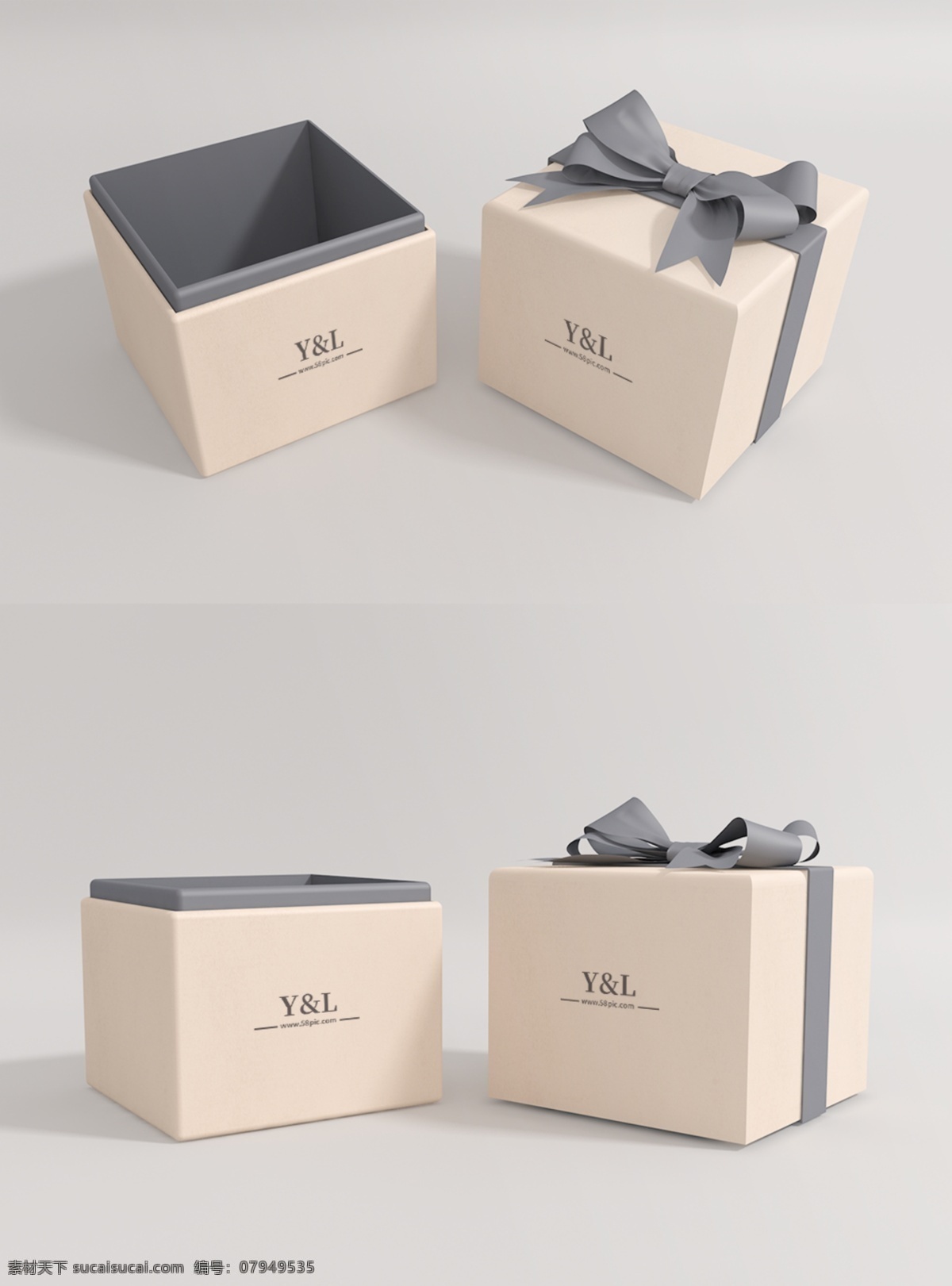 原创 精美 模型 礼品盒 首饰 盒子 样机 logo 蝴蝶结 智能图层 mockup 一键贴图 包装 高端 灰色 米色 包装样机 质感