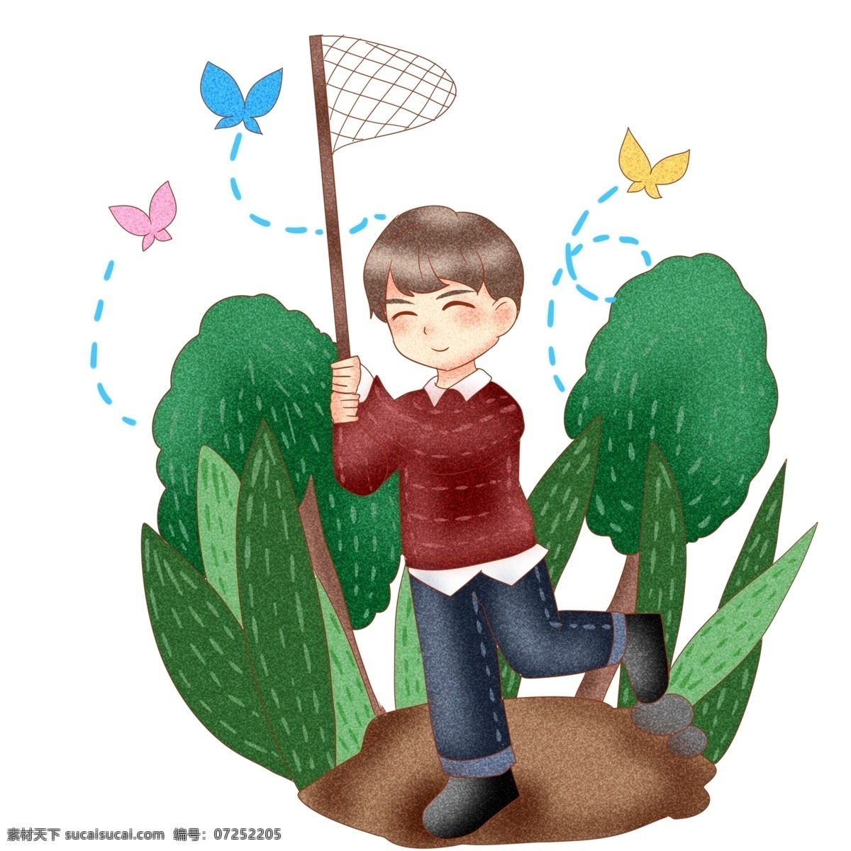 捉 蝴蝶 小 男孩 插画 春游 踏青 人物 捉蝴蝶的男孩 彩色的蝴蝶 绿色的叶子 植物装饰 卡通人物