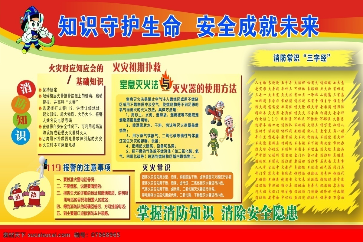 知識守護生命 安全成就未來 消防知識 三字經(jīng) 卡通消防員 掌握消防知識 消除安全隱患 展板模板 廣告設(shè)計模板 源文件