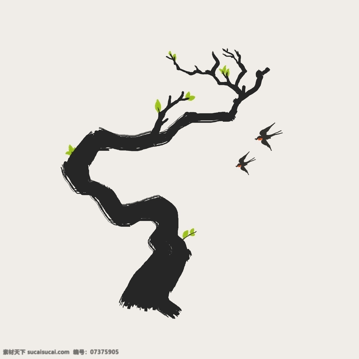 古树 绿叶 发芽 手绘 插画 燕子 包装设计
