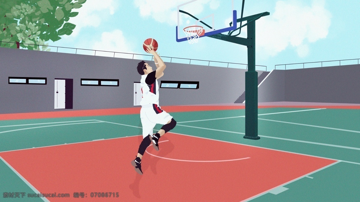 原创 手绘 运动 健身 系列 我爱 篮球 插画 海报 球场 篮球场 投篮 灌篮 夏天