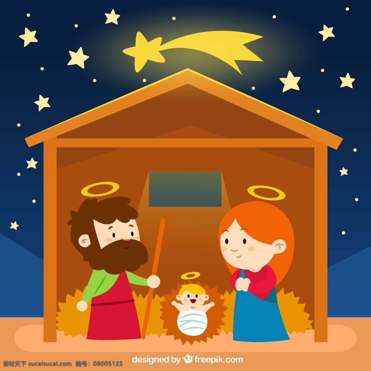 卡通 耶稣 诞生 插画 星星 约瑟 玛利亚 耶稣诞生 矢量图 ai格式 橙色