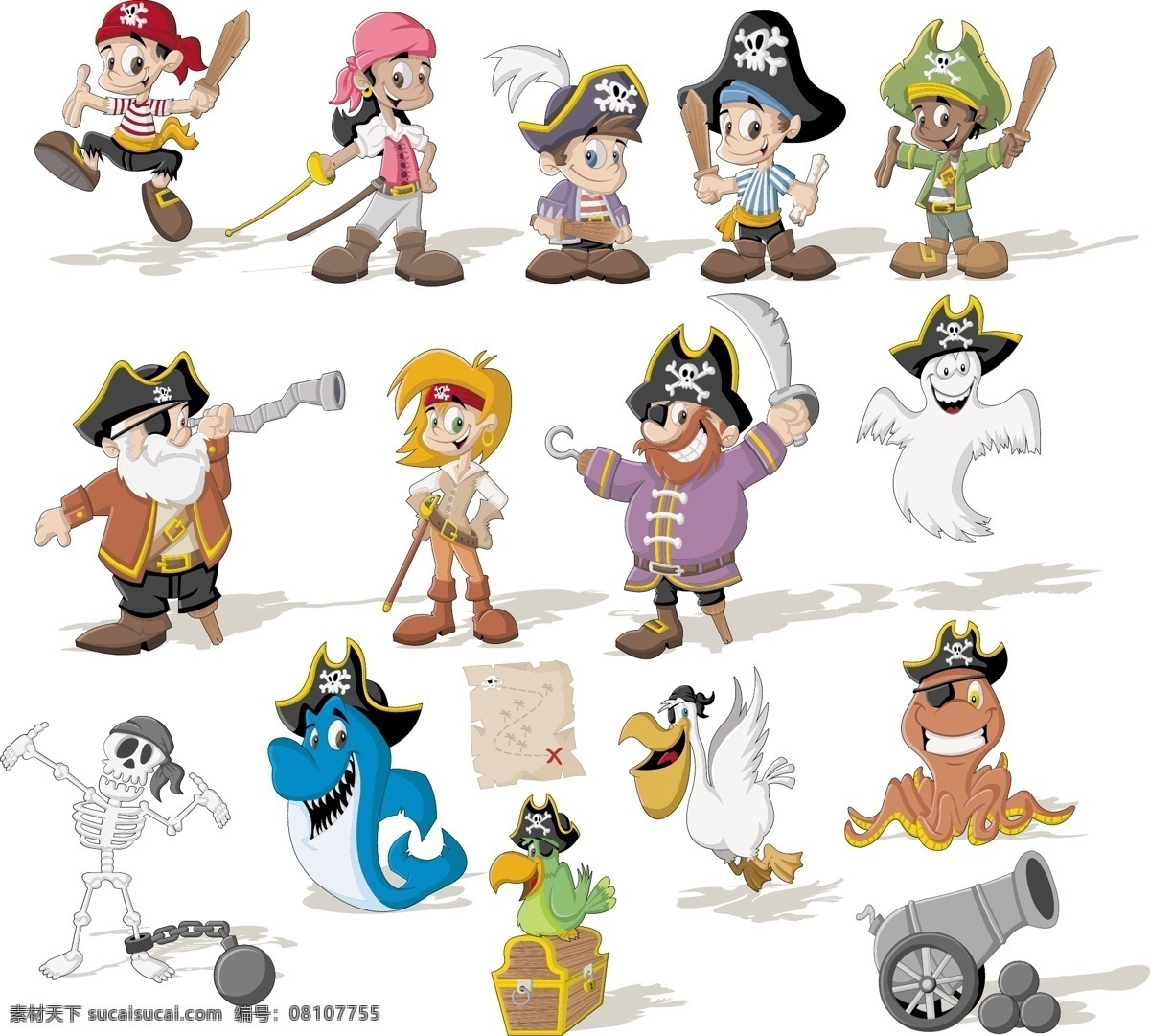 精美 海盗 卡通 人物 矢量 椰子树 女海盗 男人头像 卡通海盗 头像 漫画 形象 日常 生活 白色