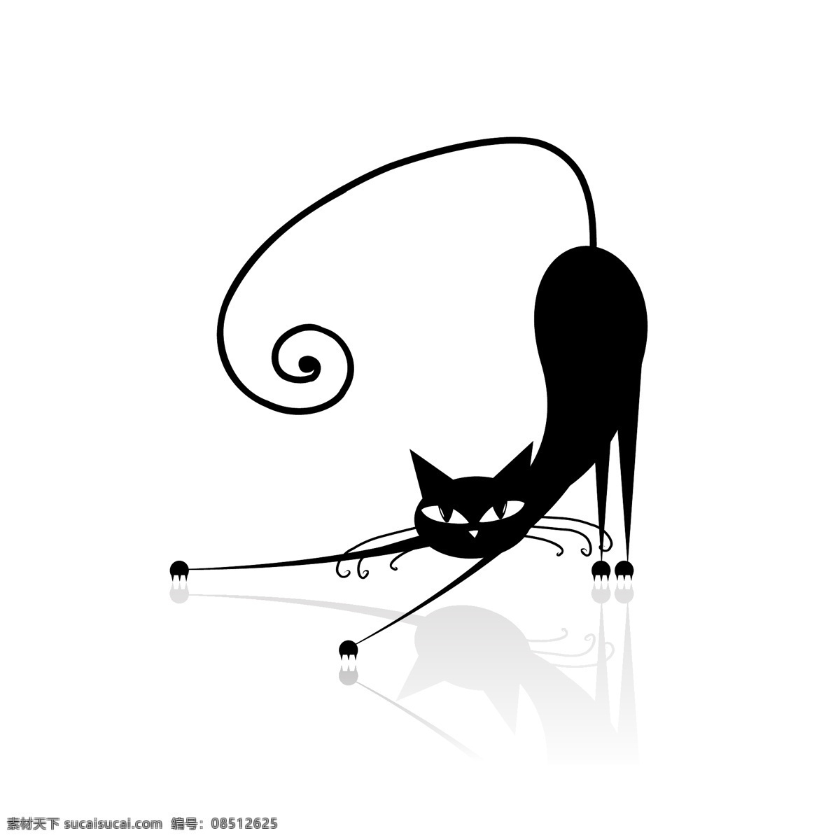 黑色的猫 卡通 动物 可爱 卡通生物 猫 黑猫 伸懒腰 陆地动物 生物世界 矢量素材 白色