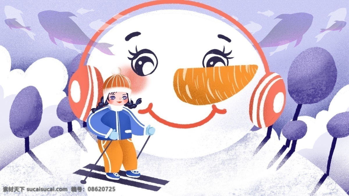 肌理 冬季 滑雪 女孩 雪人 创意 插画 纹理 运动 可爱 唯美 颗粒 冬天 下雪 雪天 大寒 小寒 冬至 健身 健康运动 女生 女童 孩童 听音乐的雪人 耳麦 大鼻子雪人 鲸鱼 小清新